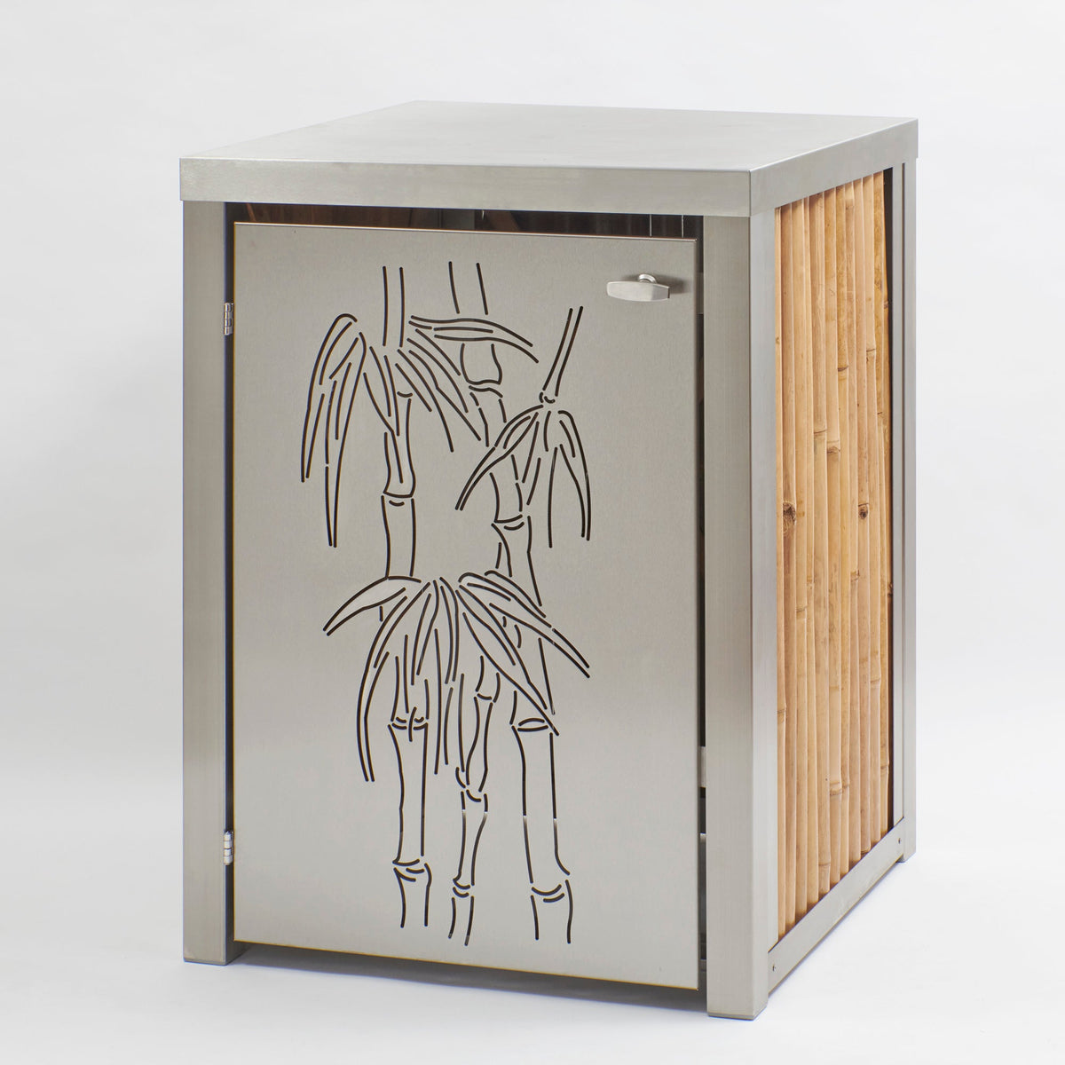 1er Mülltonnenbox aus Edelstahl und hellem Bambus mit Bambusmitivtür.