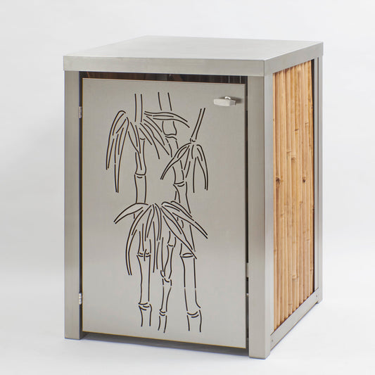 1er Mülltonnenbox aus Edelstahl und hellem Bambus mit Bambusmitivtür.