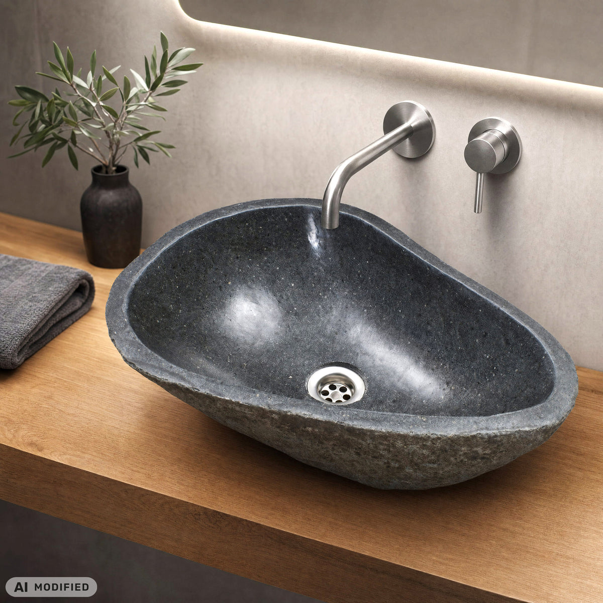 Naturstein-Waschbecken aus Flussstein in Dunkelgrau mit Edelstahl-Wandarmatur auf Holzwaschtisch im modernen Badezimmer.