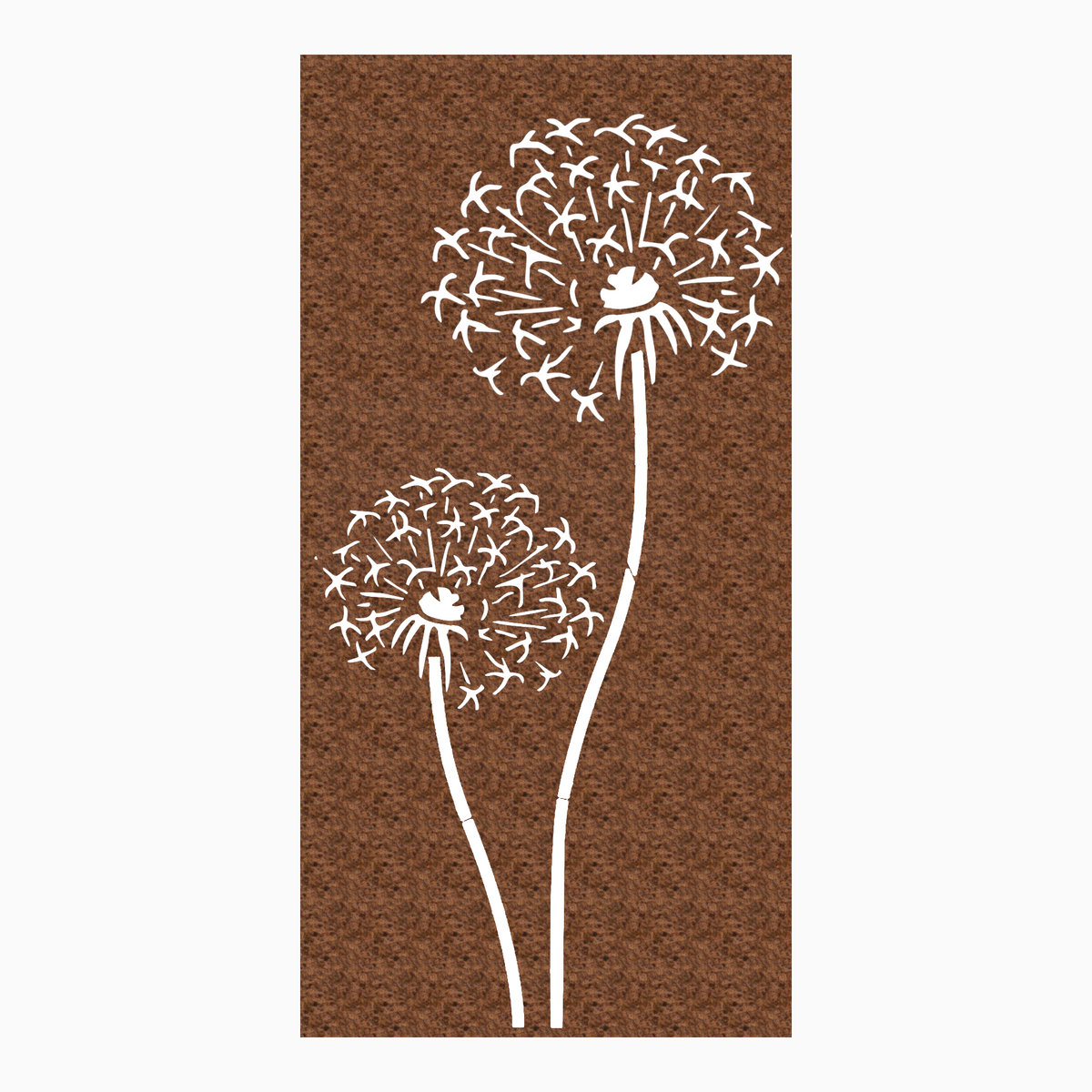 Cortenstahl-Sichtschutzplatte mit Pusteblume-Motiv, zwei Samenwolken mit Stiel