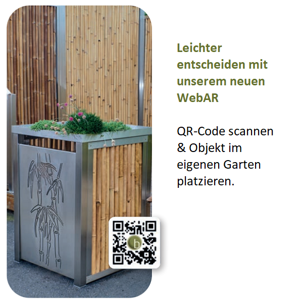 Mülltonnenbox aus einer Kombination aus Edelstahl und Bambus mit Türmotiv, QR-Code für WebAR-Darstellung